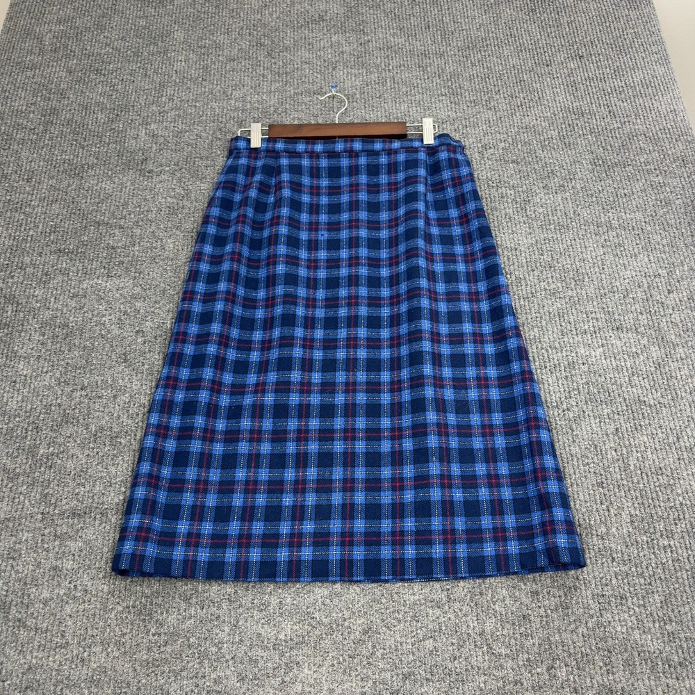 Vintage Pendleton Skirt Womens 14 Blue 100 Virgin Wool Plaid A-Line Midi Classic